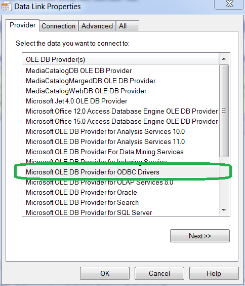 Select provider Microsoft OLE DB Provider for ODBC Drivers, click Next.